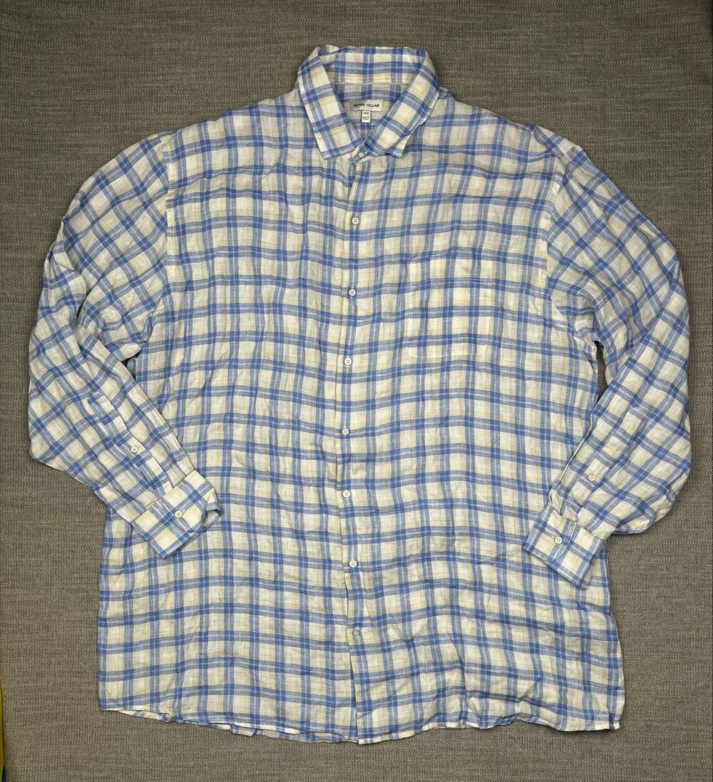 Peter Millar Button Down Shirt Mens 2XL Blue Beige Plaid Linen